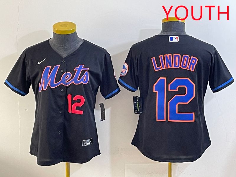 Youth 2025 New York Mets #12 Lindor Black Game Nike MLB Jersey style 6